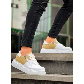 Kb-X155 Kuback Beyaz Cilt Bej Süet Detaylı Beyaz Yüksek Taban Günlük Spor Ayakkabı (Numara: 40)