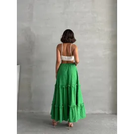 Fırfırlı Brodeli Astarlı Uzun Etek Yeşil S255047 (Beden: Xl)