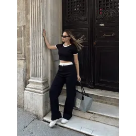 Crop Pantolon Biyeli Takım Siyah (Beden: M)