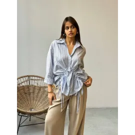 Önü Büzgü Detaylı Çizgili Gömlek Mavi (Beden: S)