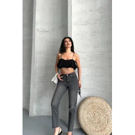 Mom Fit Enzim Taş Yıkama Jeans Pantolon Füme D2006 (Beden: 36)