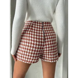 İki Düğmeli Kaz Ayağı Desen Ch Kumaş Şort Etek Bordobeyaz H26414 (Beden: Xl)