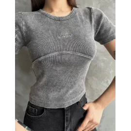 Nakış İşlemeli Asit Yıkamalı Bluz Antrasit (Beden: Standart)