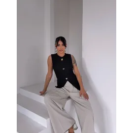 Kadın Siyah Bisiklet Yaka Gold Düğmeli Ottoman Bluz S2310 (Beden: M)