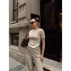 Düğme Yakalı Bej Alt Üst Takım S3943 (Beden: M)