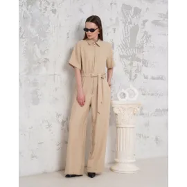 Kuşaklı Gömlek Yaka Salaş Tulum Bej S255822 (Beden: L)