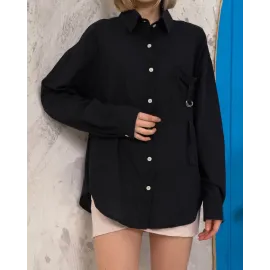 Relax Fit Keten Gömlek Siyah S255349 (Beden: S)