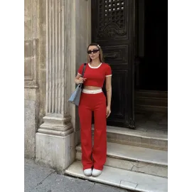 Crop Pantolon Biyeli Takım Kırmızı (Beden: L)