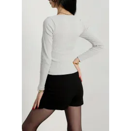 Çerçeve Yaka Kaşkorse Bluz Gri (Beden: S)