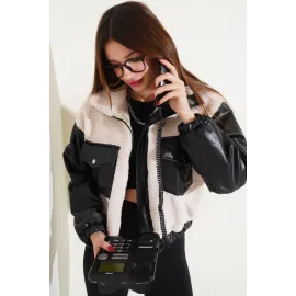 Deri Garnili Cepli Peluş Mont Siyah T1253 (Beden: L)