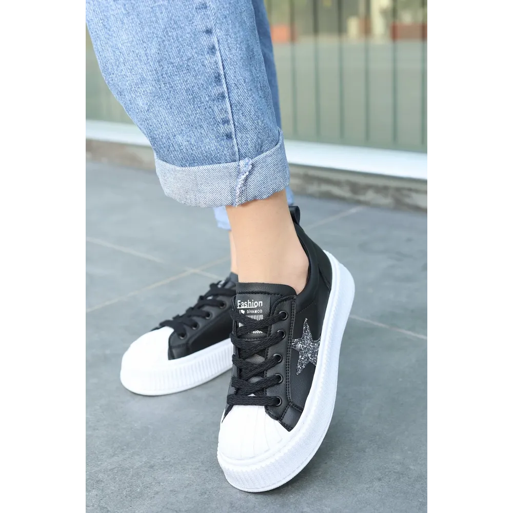 Piata Siyah Cilt Beyaz Tabanlı Bağcıklı Spor Ayakkabı (Numara: 37)