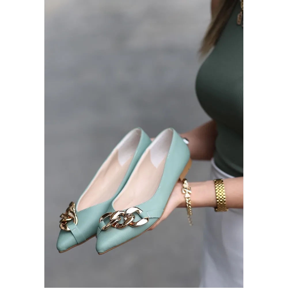 Popi Mint Yeşili Cilt Zincirli Babet Ayakkabı (Numara: 37)