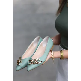Popi Mint Yeşili Cilt Zincirli Babet Ayakkabı (Numara: 37)