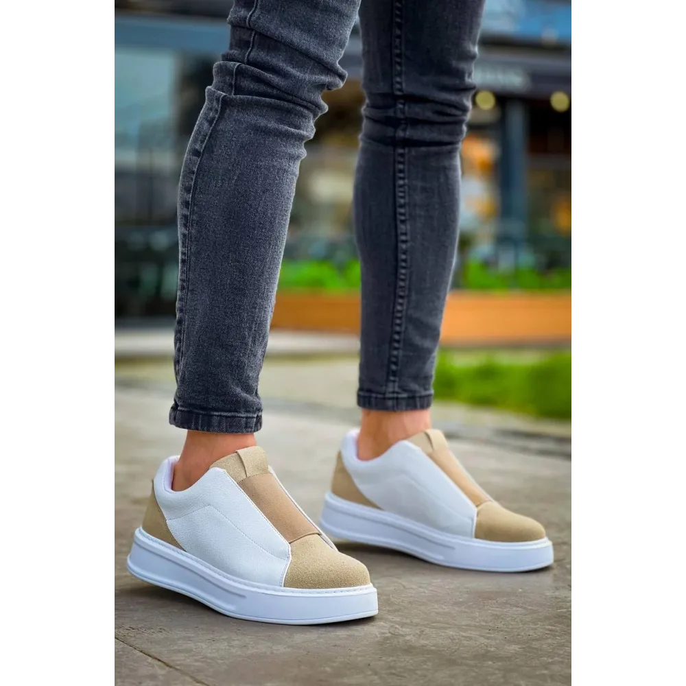 Kb-007  Kuback  Beyaz Bej Yüksek Taban Tek Bant Bağcıksız Günlük Erkek Ayakkabı (Numara: 43)