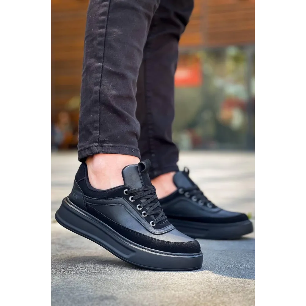 Kb-006 Kuback Siyah Cilt Siyah Yüksek Taban Bağcıklı Günlük Erkek Ayakkabı (Numara: 40)