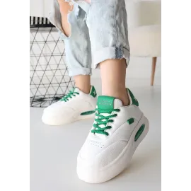 Chris Beyaz Cilt Yeşil Detaylı Bağcıklı Spor Ayakkabı (Numara: 39)