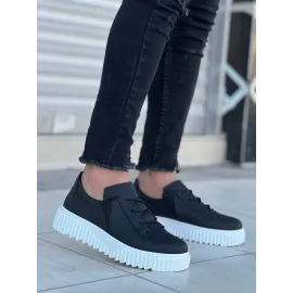 Kb-X502  Kuback Siyah Cilt Yüksek Beyaz Taban Bağcık Detaylı Lastikli Günlük Erkek Ayakkabı (Numara: 45)