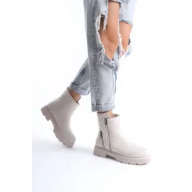 Menta Bej Cilt Fermuar Aksesuarlı Bot (Numara: 39)