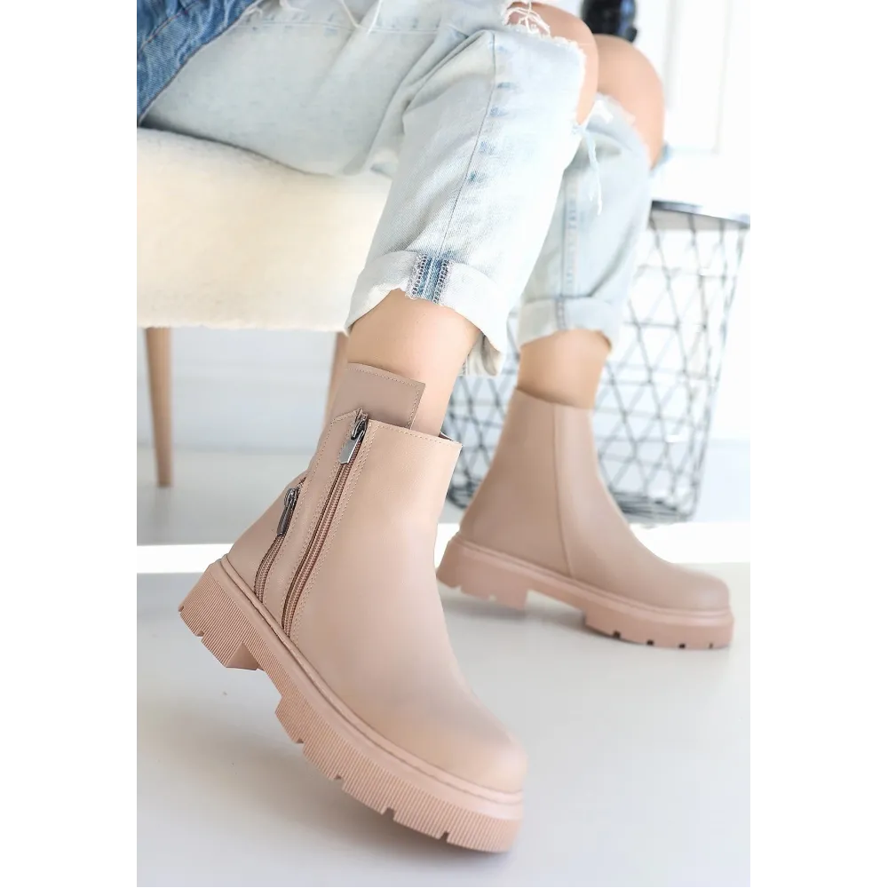 Menta Nude Cilt Fermuar Aksesuarlı Bot (Numara: 37)