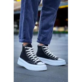 Kb-Cx-3 Kuback Uzun Siyah Keten Beyaz Yüksek Taban Spor Ayakkabı (Numara: 43)