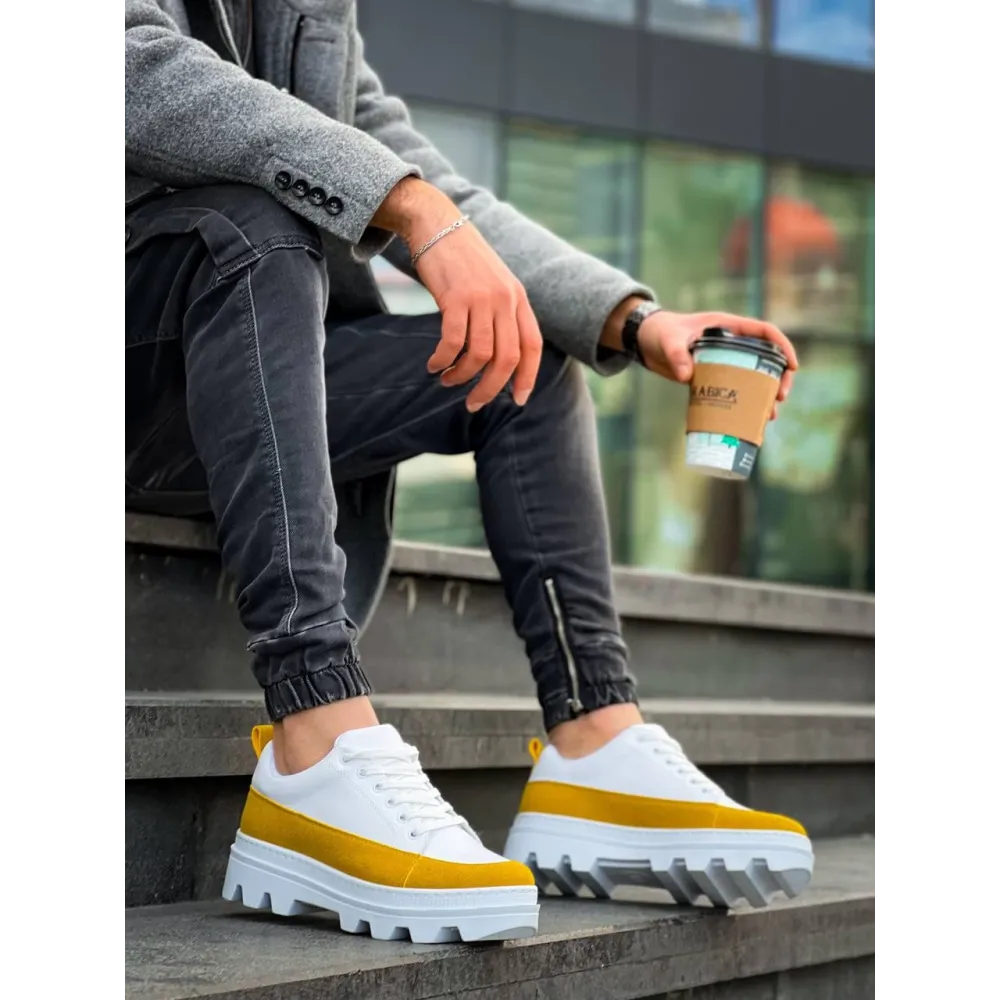 Kb-056 Kuback Beyaz Sarı Detaylı Beyaz Yüksek Taban Günlük Spor Ayakkabı (Numara: 42)