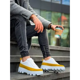 Kb-056 Kuback Beyaz Sarı Detaylı Beyaz Yüksek Taban Günlük Spor Ayakkabı (Numara: 42)