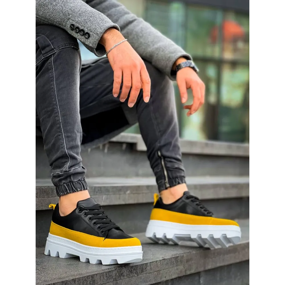 Kb-056 Kuback Siyah Sarı Detaylı Beyaz Yüksek Taban Günlük Spor Ayakkabı (Numara: 42)