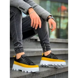 Kb-056 Kuback Siyah Sarı Detaylı Beyaz Yüksek Taban Günlük Spor Ayakkabı (Numara: 42)