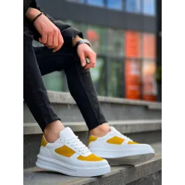 Kb-X8 Kuback Beyaz Cilt Sarı Süet Detaylı Beyaz Yüksek Taban Günlük Spor Ayakkabı (Numara: 41)