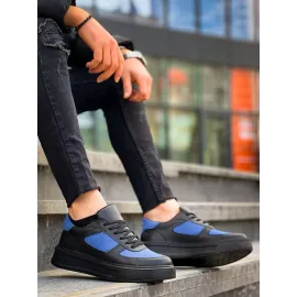 Kb-X8 Kuback Siyah Cilt Mavi Süet Detaylı Siyah Yüksek Taban Günlük Spor Ayakkabı (Numara: 42)