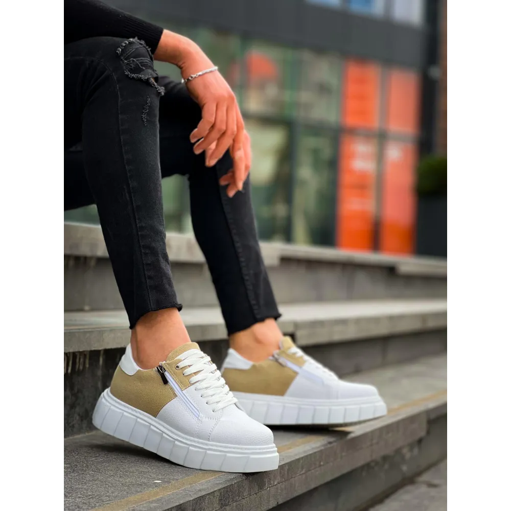 Kb-X155 Kuback Beyaz Cilt Bej Süet Detaylı Beyaz Yüksek Taban Günlük Spor Ayakkabı (Numara: 41)