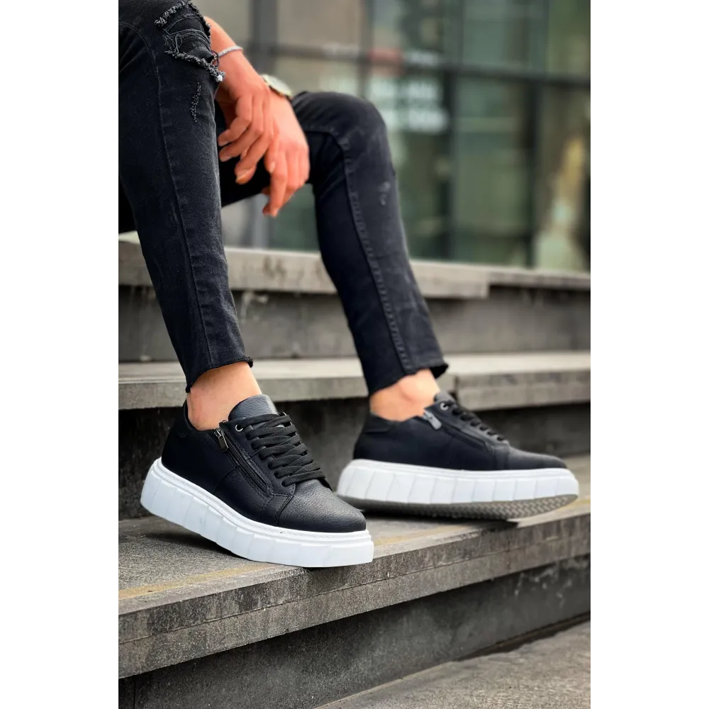 Kb-X155 Kuback Siyah Cilt Detaylı Beyaz Yüksek Taban Günlük Spor Ayakkabı (Numara: 42)