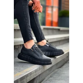 Kb-X155 Kuback Siyah Cilt Detaylı Siyah Yüksek Taban Günlük Spor Ayakkabı (Numara: 43)