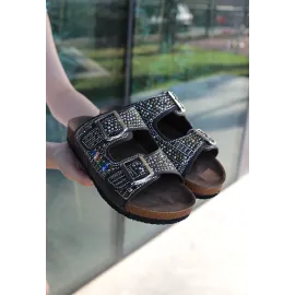 Edaj Kahverengi Nubuk Boncuk İşlemeli Terlik (Numara: 37)