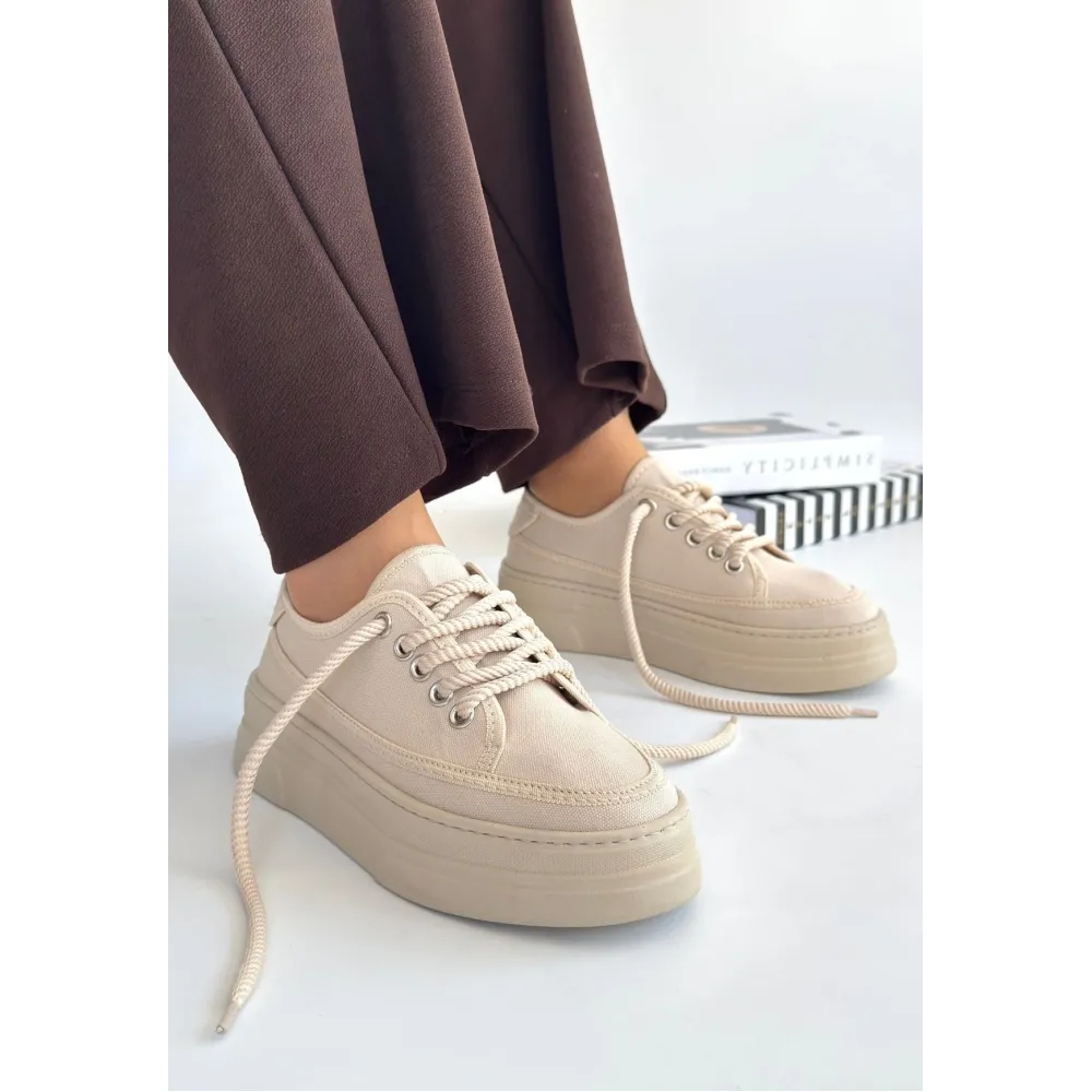 Carin Bej Keten Bağcıklı Spor Ayakkabı (Numara: 40)