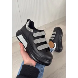 Elika Siyah Cilt Simli Cırt Cırtlı Spor Ayakkabı (Numara: 36)