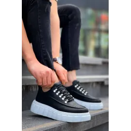 Kb-X10 Kuback Siyah Cilt  Beyaz Yüksek Taban Günlük Spor Ayakkabı (Numara: 44)