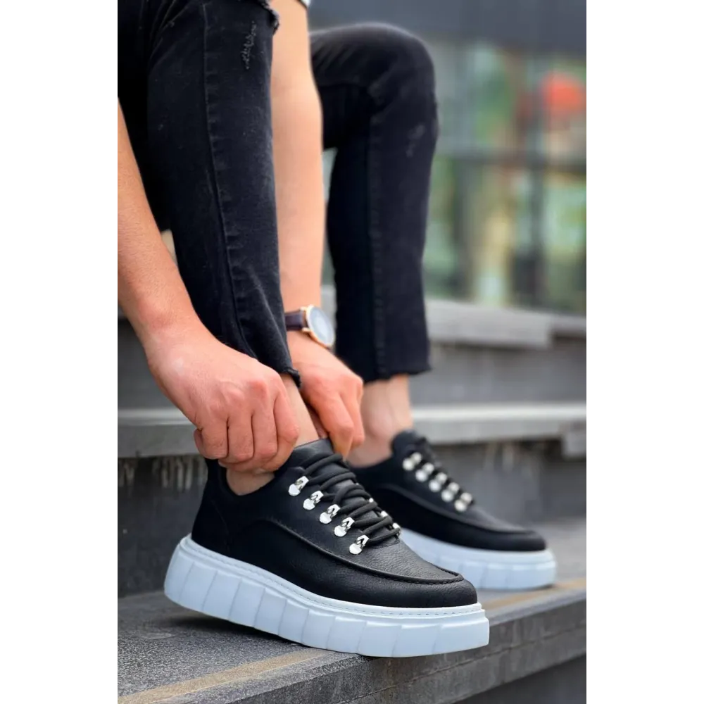 Kb-X10 Kuback Siyah Cilt  Beyaz Yüksek Taban Günlük Spor Ayakkabı (Numara: 41)