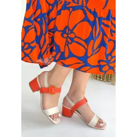 Year Bej Cilt Turuncu Detaylı Turuncu Topuklu Topuklu Ayakkabı (Numara: 36)