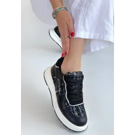 Hawer Siyah Cilt Bağcıklı Spor Ayakkabı (Numara: 36)