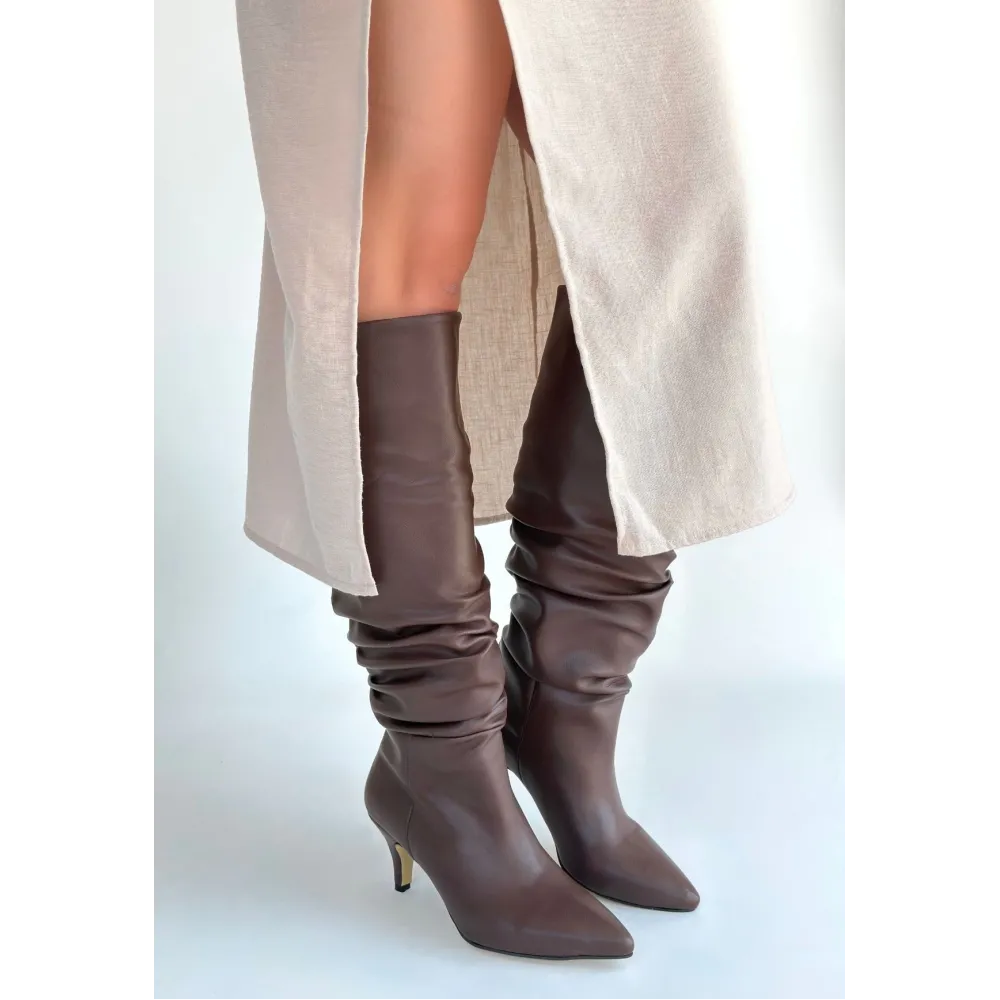 Zelya Kahverengi Cilt Topuklu Çizme (Numara: 36)