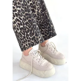 Emwa Bej Cilt Bağcıklı Spor Ayakkabı (Numara: 39)