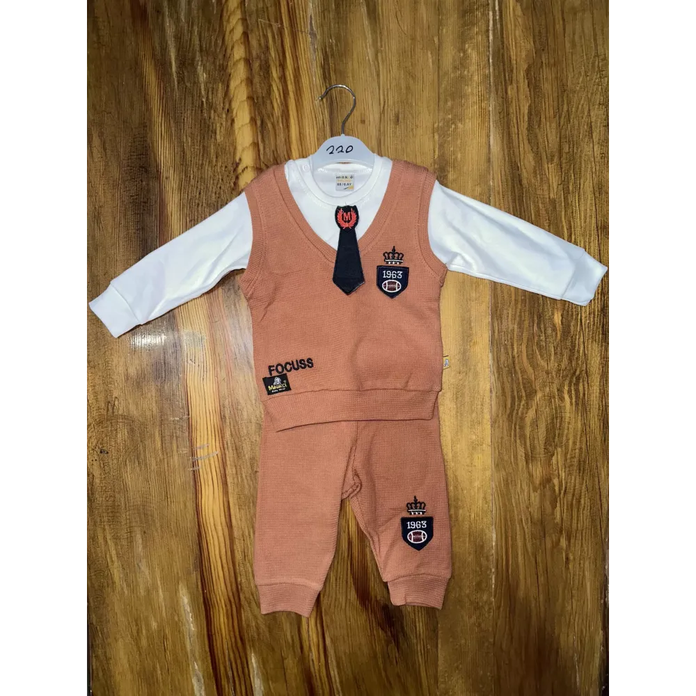 6-24 Aylık Kravatlı Üçlü Takım Kahve (Beden: 6-12)