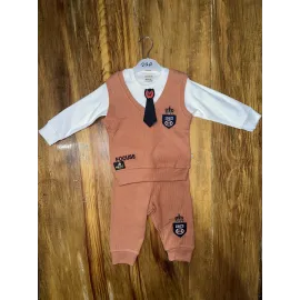 6-24 Aylık Kravatlı Üçlü Takım Kahve (Beden: 12-18)