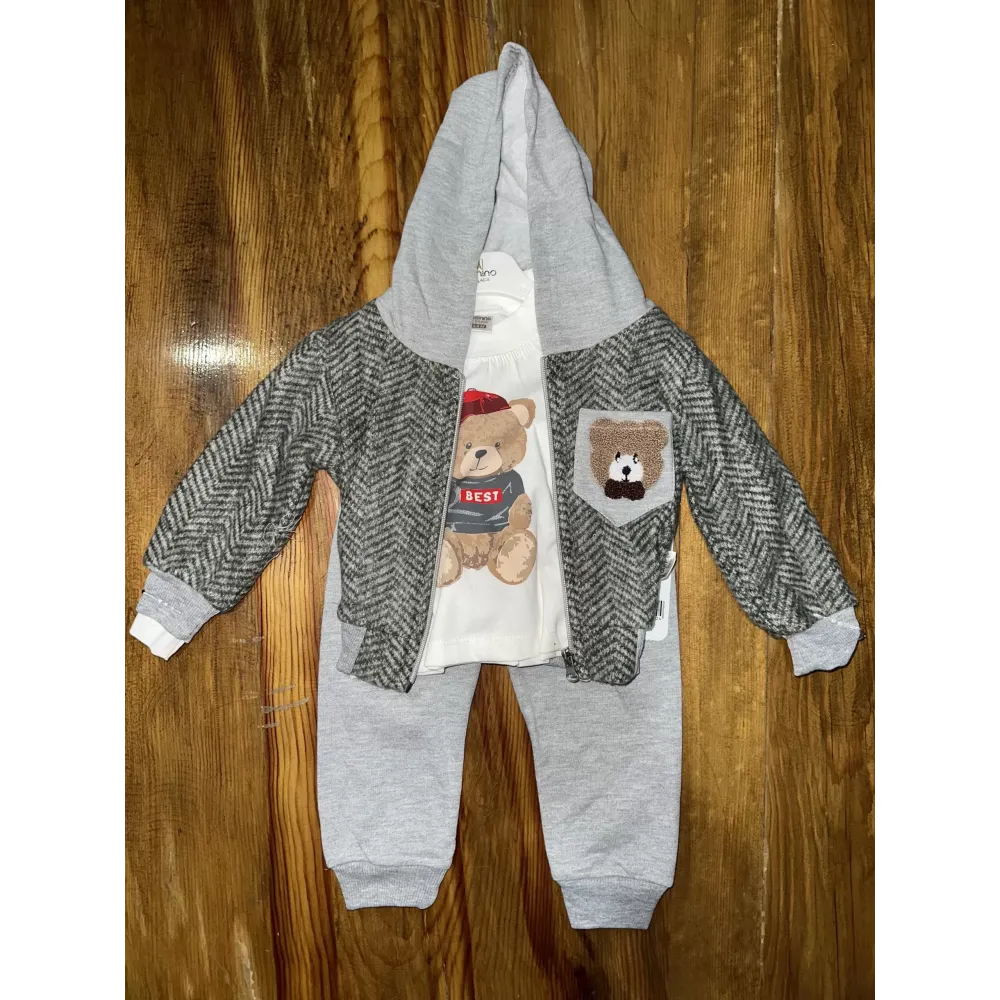 6-24 Aylık Ceketli Kapşonlu Üçlü Takım Gribeyaz (Beden: 12-18)