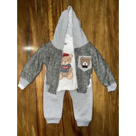 6-24 Aylık Ceketli Kapşonlu Üçlü Takım Gribeyaz (Beden: 18-24)