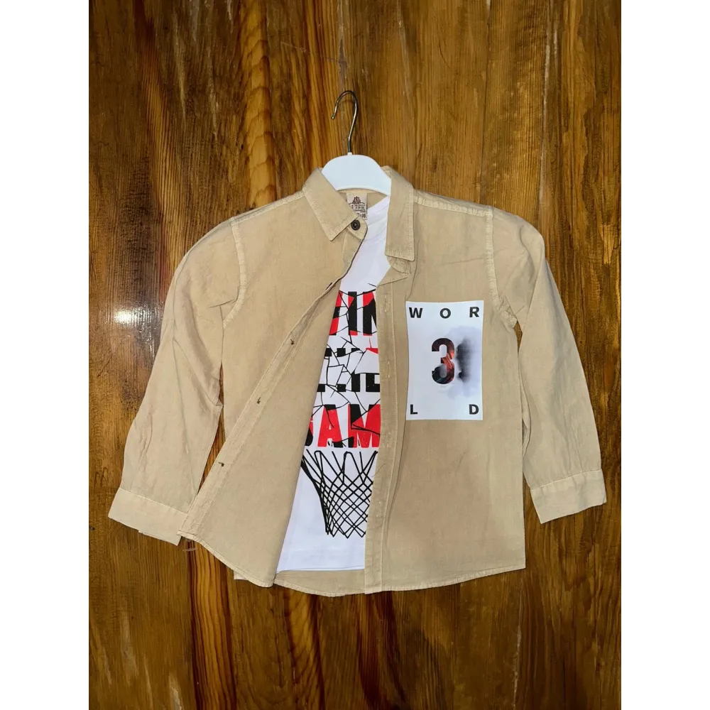 9-13 Yaş Tişört Gömlek Kombini Vizon (Beden: 11)