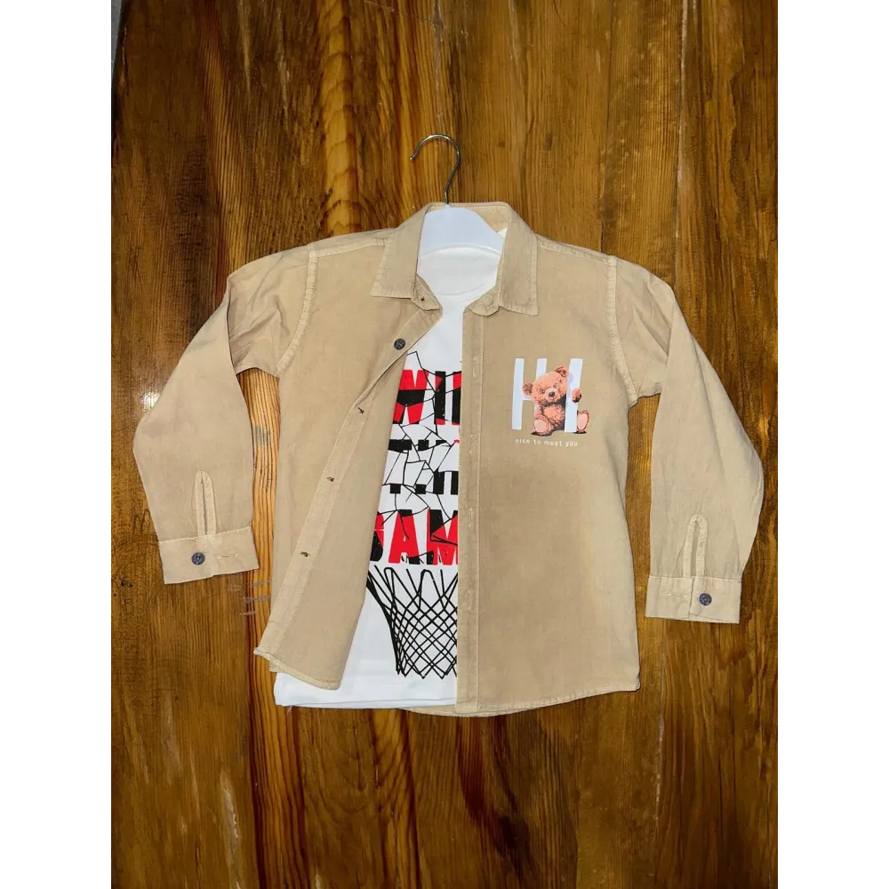 4-8 Yaş Tişört Gömlek Kombini Vizon (Beden: 7)