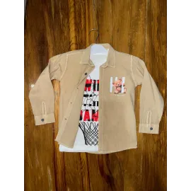 4-8 Yaş Tişört Gömlek Kombini Vizon (Beden: 7)