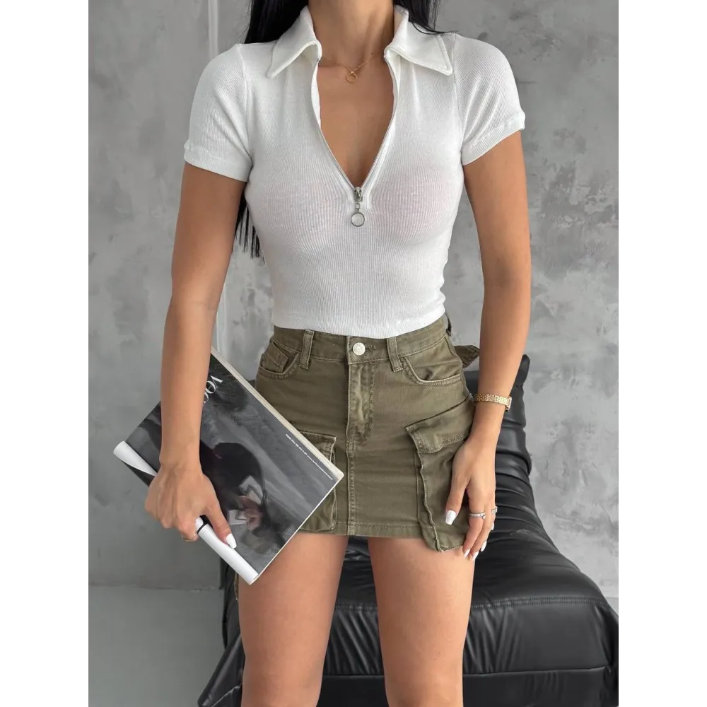 Kaşkorse Yaka Fermuarlı Bluz Beyaz (Beden: S)